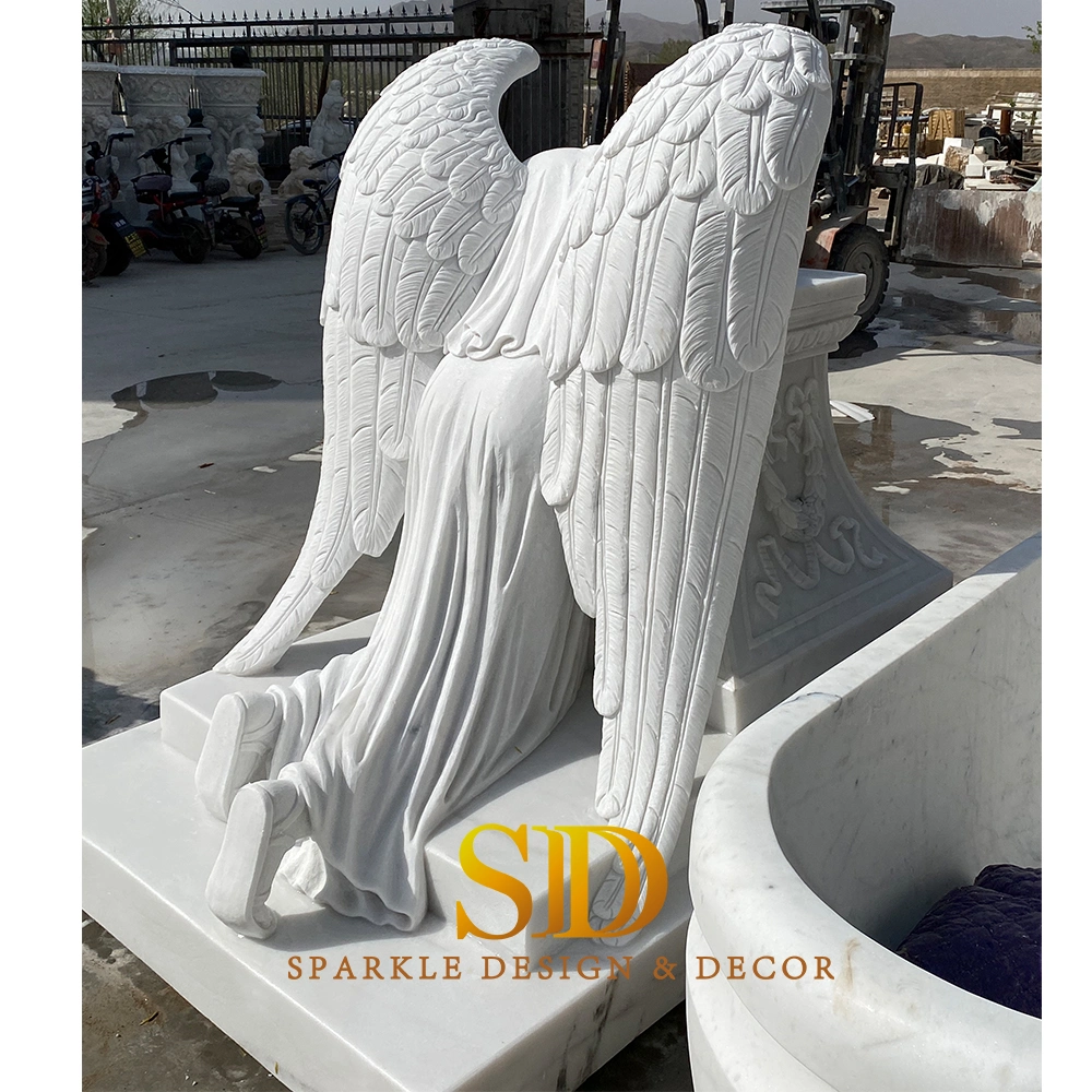 Beautiful Hand Carving White Marble Grave Statue Crying Angel Statue Gravestone Cemetery Statues for Sale